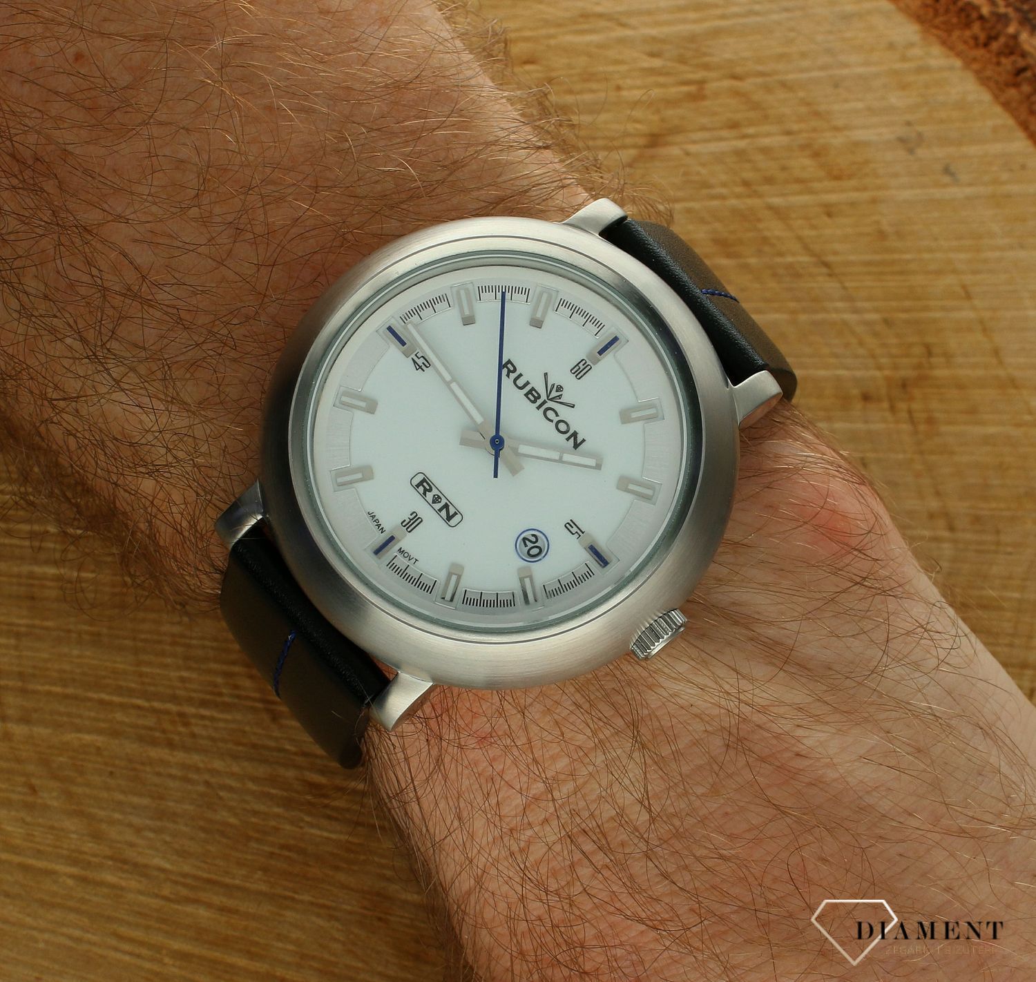 Zegarek męski na skórzanym pasku Rubicon RNAC71 black white blue (2).jpg